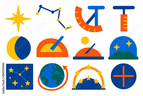 Celestial Navigation Icons. Flat vector icons of celestial navigation: North Star, constellation lines, quadrant, measuring rod,