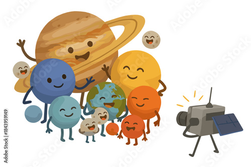 Solar System Snapshot. Solar system family portrait with planets posing, moons laughing, and spacecraft taking the picture No text