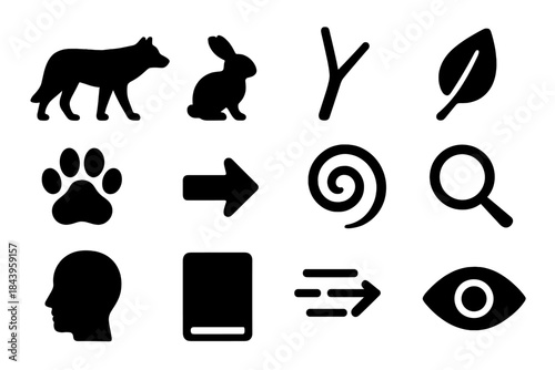 Ecological Icons Collection. Solid style icons of ecological challenges shaping cognition: predator silhouette, prey silhouette,