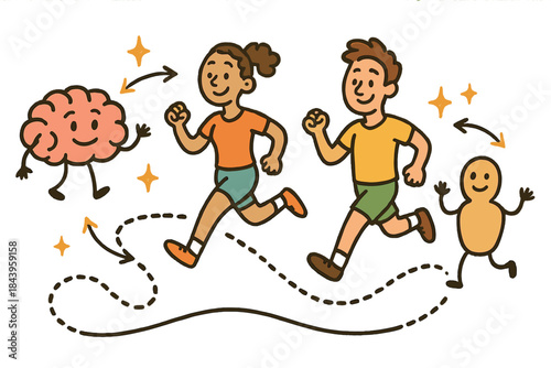 Whimsical Run Doodle. Whimsical doodle flow state workshop with cheerful runners, cartoon brain and body icons smiling, tiny