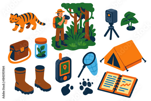 Species Rediscovery Icons. Isometric vector illustration set Species Rediscovery: elusive animal rediscovery, scientist explorer,