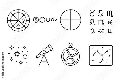 Cosmic Analysis Icons. Line style icons of Cosmic Analysis: Birth Chart, Planetary Alignment, House Division, Zodiac Symbols; Sun