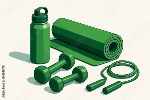 Sleek Fitness Gear. Modern composition of sleek green fitness equipment resting on a clean white surface, sharp vector