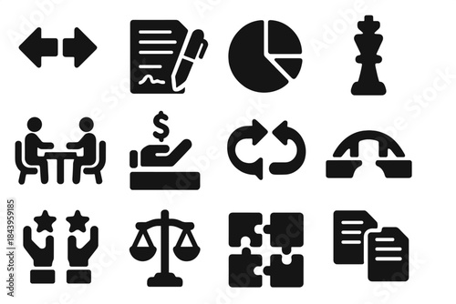 Negotiation Icons. Solid style icons of Negotiation Strategies: give and take arrows, contract signing, pie chart division, chess