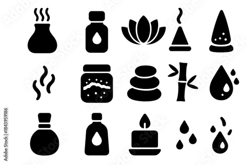Aromatherapy Essentials Icons. Solid style icons of Aromatherapy: diffuser, essential oil bottle, lotus flower, incense cone,
