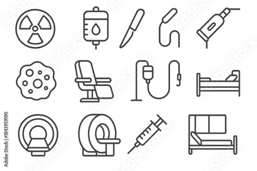 Cancer Treatment Icons. Line style icons of cancer treatment: radiation symbol, chemo bag, surgical scalpel, cryo applicator;