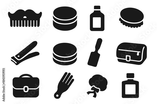 Vintage Grooming Icons. Solid style icons of Vintage Grooming: Mustache Comb, Pomade Tin, Hair Tonic, Brush, Nail Clippers, Shoe