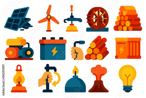Rebuilt Energy Icons. Flat vector icons of Rebuilt Energy: solar panel scrap, handmade wind turbine, waterwheel, improvised