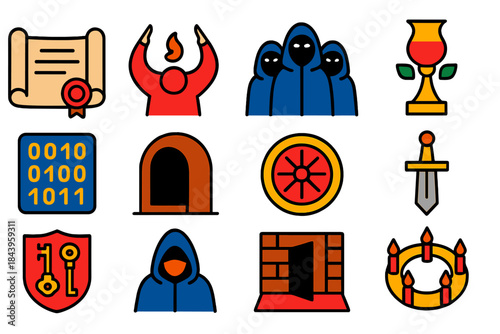 Secrecy Icons Collection. Flat vector icons of secrecy in cultural and historical contexts: ancient scroll, secret ritual, masked