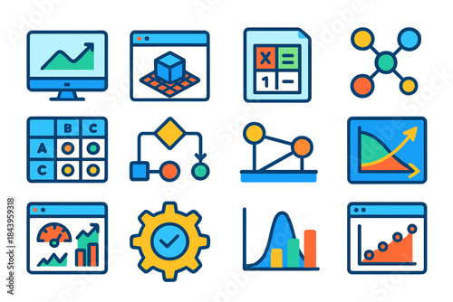 Optimization Tools Icons. Flat vector icons of optimization and modeling tools: computer with graph, simulation software, linear