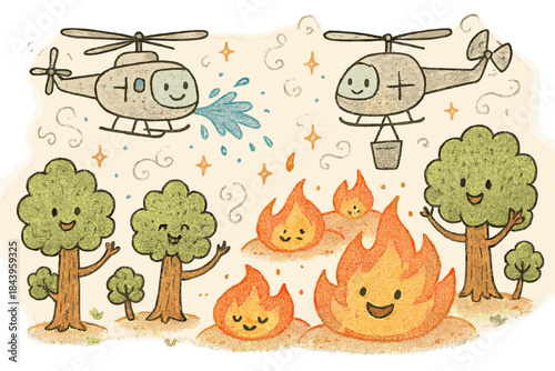 Whimsical Wildfire Scene. Magical doodle wildfire assessment with smiling helicopters, cartoon fire zones with faces, cheerful