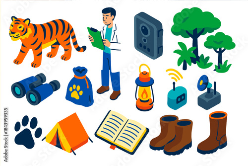 Species Rediscovery Icons. Isometric vector illustration set Species Rediscovery: rediscovered jungle animal, scientist with