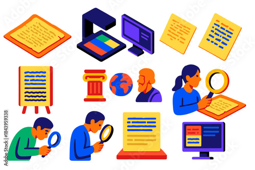 Isometric Manuscript Analysis. Isometric vector illustration set Palimpsest studies: faded manuscript pages, multispectral