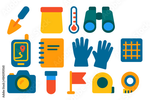 Epizootiology Tool Icons. Flat vector icons of fieldwork tools in epizootiology: trowel, sampling bag, thermometer, binoculars,
