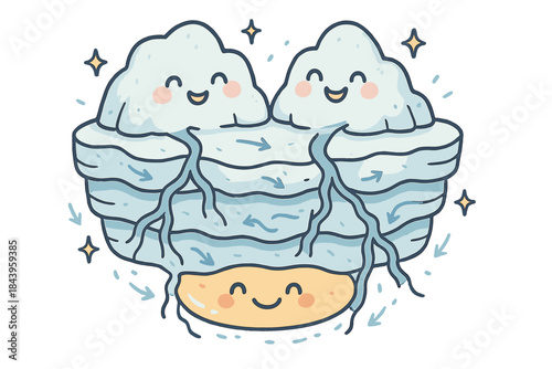 Cheerful Subglacial Scene. Whimsical doodle subglacial lake with smiling ice layers, cartoon meltwater streams flowing, cheerful