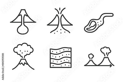 Volcanic Geology Icons. Line style icons of Volcanic Geology: magma chamber, vent cross-section, lava tube, ash plume, rock strata