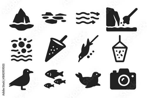 Polar Marine Icons. Solid style icons of Polar marine ecosystem: icebergs, pack ice, cold currents, glacial front, floating algae,