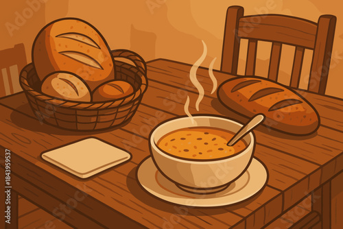 Cozy Rustic Dining. Rustic wooden dining table set with freshly vector illustration baked bread and a bowl of soup, warm and