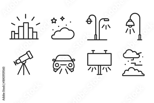Light Pollution Icons. Line style icons of light pollution: city glow, few stars, observatory dome, sodium vapor; night sky, lamp