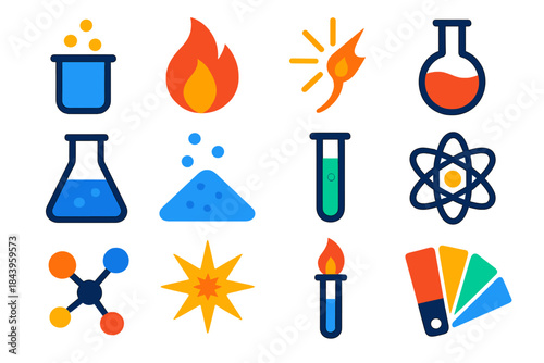 Chemistry Firework Icons. Flat vector icons of firework chemistry concepts: metal salt, flame, combustion spark, chemical flask,