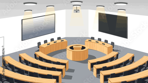 Modern conference room with circular seating and dual screens