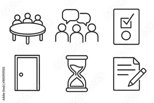 Jury Deliberation Icons. Line style icons of Jury Deliberation: round table, jurors in discussion, voting slip, closed door,