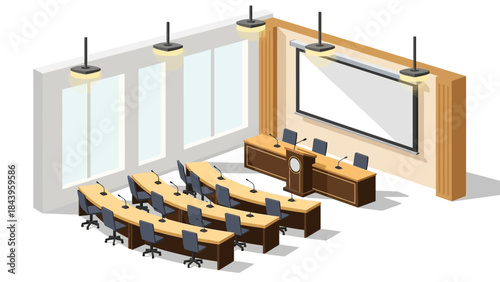 Modern isometric conference room with curved seating and projector screen