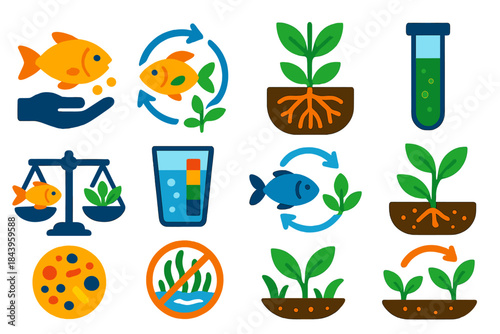 Aquaponics Icon Set. Flat vector icons of balancing fish and plant systems: fish feeding, nitrate cycle diagram, healthy roots,