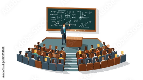 Lecture in progress: classroom setting with chalkboard and curved seating