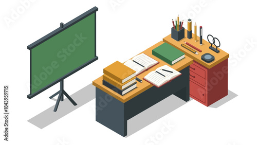 Isometric classroom workspace with desk, books, and chalkboard in modern style