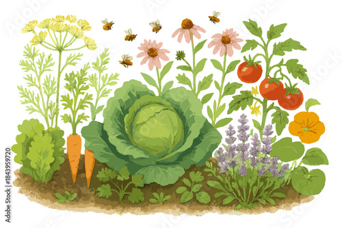 Vibrant Polyculture Garden. Polyculture garden with vegetables, herbs, and flowers dancing together, bees buzzing joyfully between