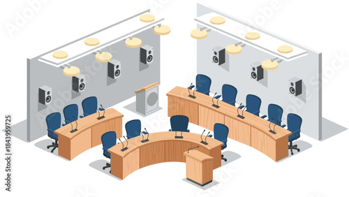 Modern conference room setup with microphones and seating in isometric design