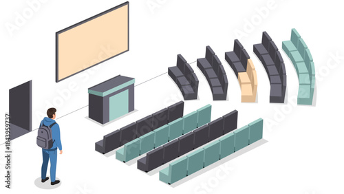 Modern isometric classroom setup with student and presentation screen for educational spaces
