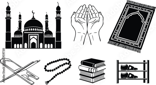 Line art vector icon set detailed mosque and raised hands prayer rug prayer beads holy book stacked books shoes shelf simple black silhouette religious worship symbols