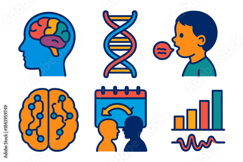 Biolinguistic Visualization Set. Isometric vector illustration set Biolinguistics: brain language areas, genetic influence icons,
