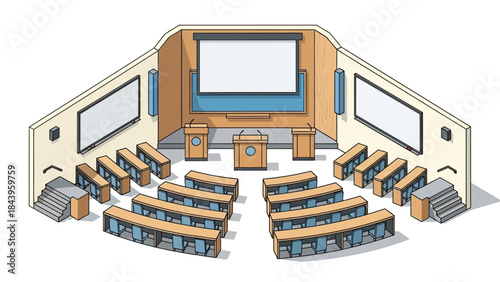 Modern isometric classroom with seating and presentation screens in a lecture hall setup