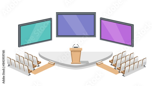 Modern conference room with podium and colorful screens in isometric style