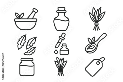 Traditional Healing Icons. Line style icons of Traditional Healing: Ancient Remedy, Herb, Preparation, Folk Medicine; Mortar and