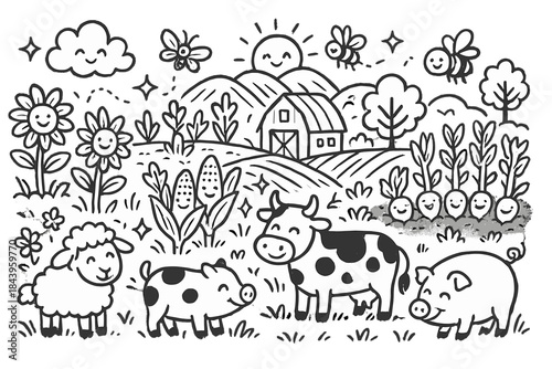 Joyful Farm Harmony. Joyful doodle integrated farming landscape with happy animals grazing, cartoon crops waving, smiling insects