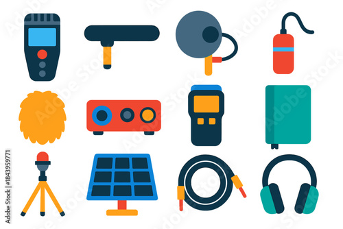 Vibrant Recording Icons. Flat vector icons of Recording Equipment: handheld recorder, shotgun mic, parabolic mic, hydrophone,