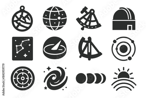 Astronomical Icons Collection. Solid style icons of Astronomical Calculations: Astrolabe, Celestial Sphere, Sextant, Observatory