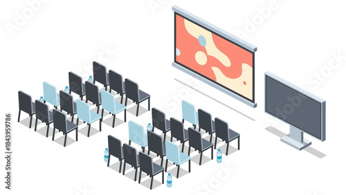 Modern isometric conference room setup with projection screen and seating