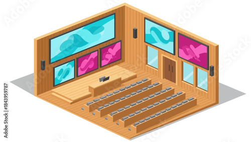 Modern isometric conference room with wooden interior and large digital screens
