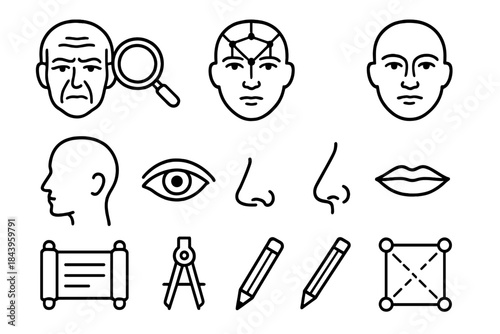 Ancient Physiognomy Icons. Line style icons of Physiognomy Study: Forehead Wrinkle Reading, Face Mapping, Character Assessment,