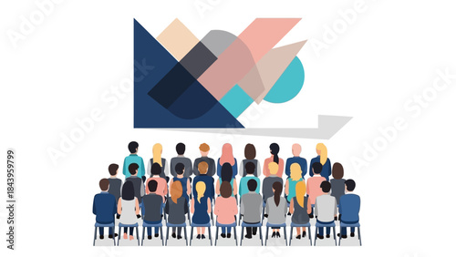 Audience observing abstract geometric presentation slide in business meeting