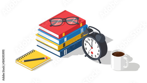 Isometric office desk with books, alarm clock, glasses, coffee, and notebook