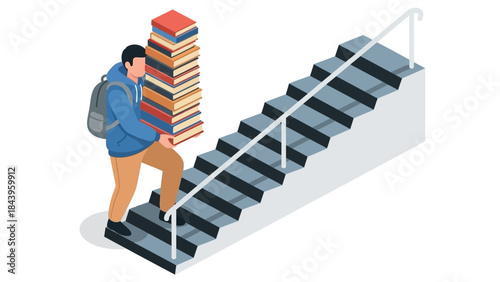 Student carrying books upstairs in modern isometric design