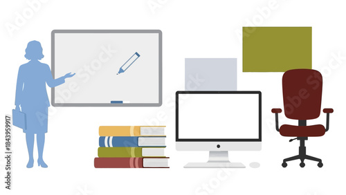 Minimalist office setting with business woman, desktop, books, and office chair