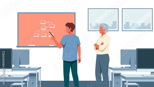 Office training session with diagram on whiteboard in modern workspace