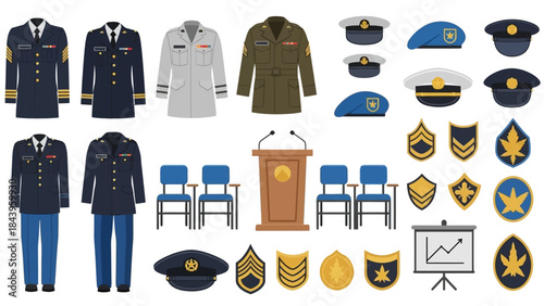 Military uniform and insignia icons set with podium and chairs in flat design